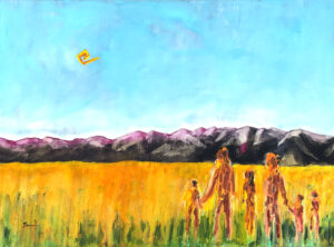 Conceptual painting of abstract human figures standing in a golden field beneath distant mountains and a blue sky, with a symbolic floating form above.